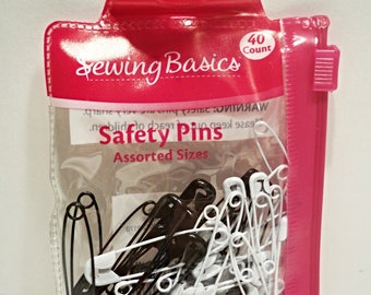 Black and White Coated Safety Pins 3 Sizes - 40 Count Package