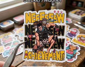 May include: A sticker or magnet featuring a comic-style illustration of a muscular man with a squirrel on his shoulder. The text "NEEEEEEW ACHIEVEMENT!" is in yellow and black. A pair of tweezers holds the sticker.