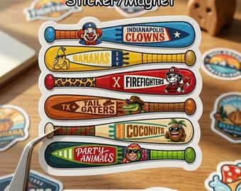 May include: A collection of baseball bat-shaped stickers and magnets. Each bat features a unique design, including text and cartoon characters. The text includes "Indianapolis Clowns," "Bananas," "Firefighters," "Tailgaters," "Coconuts," and "Party Animals."
