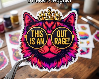 May include: A sticker or magnet featuring a stylized cat with vibrant pink and purple fur, wearing a gold crown and round black sunglasses. The lenses of the glasses display the yellow text THIS IS AN OUT RAGE! in a bold, capitalized font.