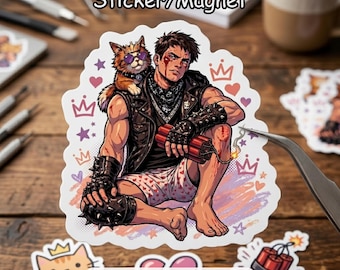 May include: A sticker or magnet featuring a stylized illustration of a muscular person with a cat wearing sunglasses. The person is holding dynamite and is surrounded by hearts, crowns, and the text "Sticker/Magnet".