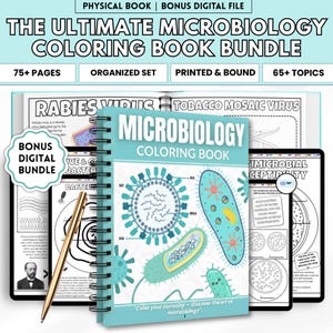 May include: A light blue spiral-bound "Microbiology Coloring Book" with illustrations of viruses and bacteria. The book is part of a bundle that includes a bonus digital file. The cover reads "Color your curiosity - discover the art of microbiology."