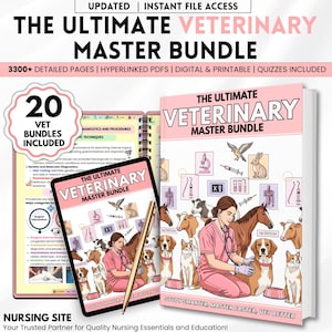 Könnte beinhalten: Das Ultimate Veterinary Master Bundle, ein rosa und weißes Buch, mit einem Spiralnotizbuch und einem Tablet. Das Buchcover zeigt Illustrationen von Tieren und einem Tierarzt. Der Text enthält "3300+ detaillierte Seiten" und "20 Vet Bundles enthalten".