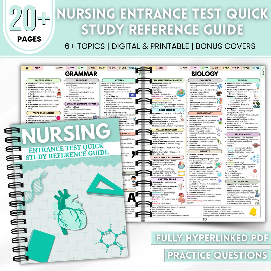 Nursing Entrance Test Quick Study Guide | Nursing Exam Prep Sheets | Student Reference Notes ...