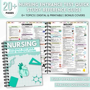 May include: A spiral-bound study guide titled "Nursing Entrance Test Quick Study Reference Guide." The cover is teal with a heart graphic and the text "Nursing Entrance Test Quick Study Reference Guide." The guide includes topics, is digital and printable.