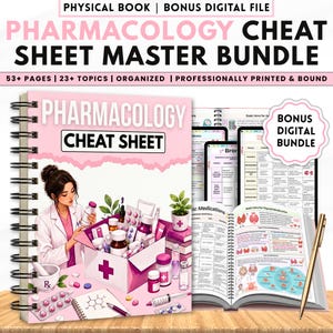May include: A spiral-bound Pharmacology Cheat Sheet Master Bundle book featuring a pink cover with an illustration of a medical professional and medical supplies. The bundle includes 53 pages, 23 topics, and a bonus digital file set with printed charts.
