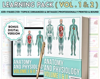 May include: A learning pack for anatomy and physiology, featuring a book and a tablet. The book, titled "Anatomy and Physiology Volume 1 & 2", is displayed with a pen. The tablet shows a "Bonus Digital Version" with anatomical diagrams. The text reads "Nursing Site".