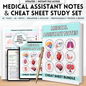 May include: A study set for medical assistants, featuring a book, tablet, and printed notes. The book cover is light blue with the title "MEDICAL ASSISTANT NOTES" and illustrations of human organs. A gold pen rests on the study materials.