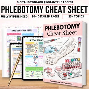 Puede incluir: Un libro de referencia médica titulado "Phlebotomy Cheat Sheet" con ilustraciones de procedimientos de extracción de sangre. La portada presenta una mano con venas, una jeringa y tubos de extracción de sangre. El texto "Smart, Simple, Safe Phlebotomy" también es visible.