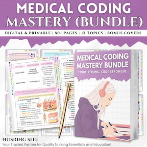 May include: A bundle of medical coding study materials with the title "Medical Coding Mastery Bundle". The image includes a book, study pages, and a pen. The text on the book cover reads "Study Strong, Code Stronger."