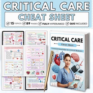 Può includere: Un libro "Critical Care Cheat Sheet" con il testo "Essential Knowledge for Critical Moments". L'immagine include una penna, un tablet e diverse pagine aperte con informazioni mediche. La copertina del libro presenta un'infermiera e illustrazioni mediche.