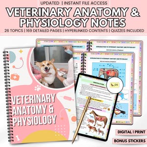 May include: A spiral-bound notebook and digital tablet display veterinary anatomy and physiology notes. The notebook cover features a pink and white design with the title and an image of a dog. The tablet shows diagrams and text. The image includes the text "UPDATED | INSTANT FILE ACCESS".