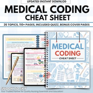 Könnte beinhalten: Ein Spickzettel für die medizinische Kodierung mit dem Titel "MEDICAL CODING CHEAT SHEET". Er enthält 26 Themen, über 110 Seiten, ein Quiz und Bonus-Titelseiten. Das Bild zeigt auch ein Tablet und einen Stift.