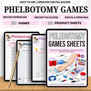 Phlebotomy Workbook Games Printable | 20 Educational Games & Worksheets PDF | Study Guide for Students | Digital Download