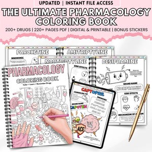 May include: A spiral-bound pharmacology coloring book featuring a cover with cartoon pill characters and medical illustrations. The book includes pages for drugs like Paroxetine, Amitriptyline, and Captopril, with mnemonics, side effects, and mechanisms.