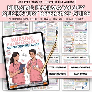 Può includere: Una guida di riferimento digitale per lo studio rapido della farmacologia infermieristica. L'immagine mostra un tablet che visualizza la guida, con illustrazioni di professionisti medici e farmaci. La guida include argomenti, pagine e copertine bonus.