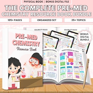 May include: The Complete Pre-Med Chemistry Resource Book Bundle, featuring a physical book and bonus digital file. The cover displays the title and illustrations of cartoon scientists. The open book reveals colorful diagrams and notes. Includes 105+ pages, an organized set, and 35+ topics.