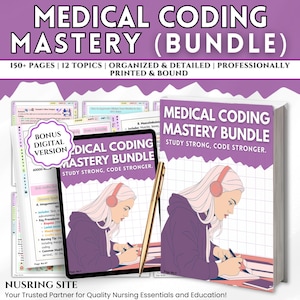May include: A medical coding bundle with the title "Medical Coding Mastery Bundle" is displayed. The image shows a book, a tablet, and loose pages. The book and tablet feature an illustration of a person wearing headphones and writing. The text includes "150+ pages" and "12 topics."