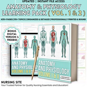 May include: A learning pack for anatomy and physiology, featuring a book and a tablet. The book, titled "Anatomy & Physiology Volume 1 & 2", displays detailed anatomical illustrations. The tablet shows additional learning materials. The image includes the text "Updated | Instant File Access".