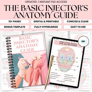 Op de afbeelding: Een digitale en printbare gids getiteld The Basic Injector's Anatomy Guide, met 12+ pagina's, een bonussjabloon en een tablet met een diagram van gezichtsspieren met injectiedoses voor neurotoxine, naast een gouden styluspen.
