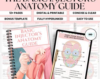 Guide d'anatomie des injections esthétiques (avec liens hypertextes) | Cartographie des injections de Botox et de produits de comblement | Fiches récapitulatives d'anatomie faciale pour les infirmières | Téléchargement numérique
