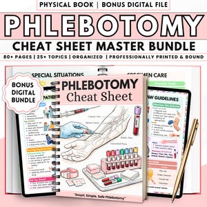 May include: A phlebotomy cheat sheet master bundle with a physical book and bonus digital file. The cover features an illustration of a hand with veins, a syringe, and blood collection tubes. The text reads "Phlebotomy Cheat Sheet".