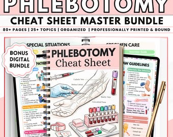 May include: A phlebotomy cheat sheet master bundle with a physical book and bonus digital file. The cover features an illustration of a hand with veins, a syringe, and blood collection tubes. The text reads "Phlebotomy Cheat Sheet".