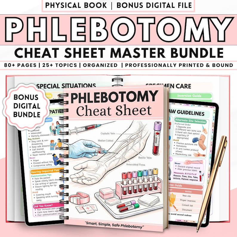 Phlebotomy Reference Phlebotomy Study Cheat Sheet Book, Spiral Bound Physical Reference ...