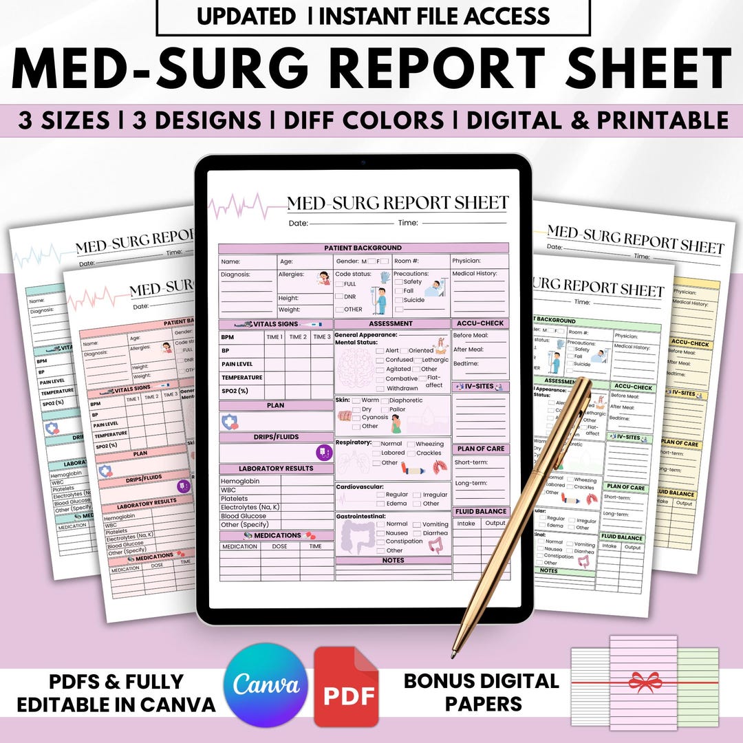 Nursing Report Sheet Med-surg Bundle (15 Sheets) | Editable & Printable ...