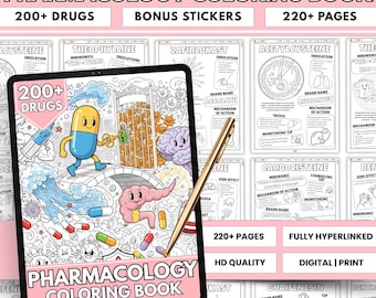 Libro da colorare di farmacologia con collegamenti ipertestuali / Oltre 220 pagine / Guida allo studio dei farmaci per studenti di medicina e infermieristica / PDF stampabile / Download immediato