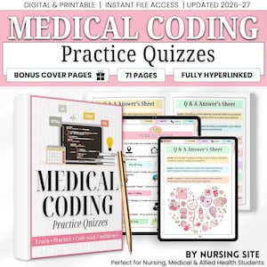 Puede incluir: Un libro digital de pruebas de práctica de codificación médica titulado "MEDICAL CODING Practice Quizzes". La imagen incluye un bolígrafo, un libro abierto y tabletas que muestran páginas de pruebas. La portada del libro tiene el texto "Learn • Practice • Code with Confidence".
