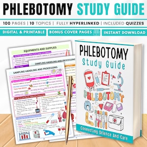 May include: A phlebotomy study guide book with a white cover featuring colorful medical illustrations and the text Phlebotomy Study Guide Connecting Science And Care, displayed alongside printed study pages and a gold-colored metal pen.