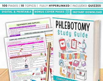 May include: A phlebotomy study guide book with a white cover featuring colorful medical illustrations and the text Phlebotomy Study Guide Connecting Science And Care, displayed alongside printed study pages and a gold-colored metal pen.