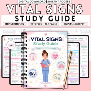 Könnte beinhalten: Ein spiralgebundener Vital Signs Study Guide mit einer illustrierten Pflegekraft, die ein Klemmbrett hält, umgeben von Symbolen für Temperatur, Puls, Atemfrequenz, Blutdruck und Sauerstoffsättigung sowie weiteren Lernseiten im Hintergrund.