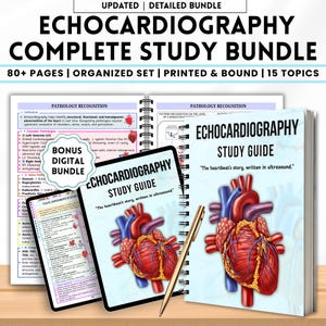 May include: An echocardiography study bundle with a printed study guide and a digital bonus. The cover of the study guide features a detailed illustration of a heart. The bundle includes 80+ pages, organized sets, and covers 15 topics.