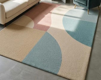 Abstrakter, moderner Teppich, handgetufteter Wollteppich, beige-blau-rosa, zeitgenössischer Wohn- und Schlafzimmerteppich, Boho-Wohndeko