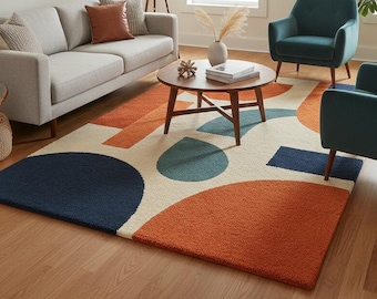 Hand Tufted Wool Rug, Abstract Geometric Mid Century Modern Carpet.