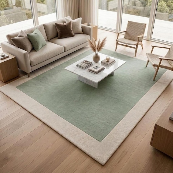 Hand Tufted Sage Green & Ivory Rug, Modern Minimalist Area Rug, Neutral Living Room Carpet, Contemporary Wool Rug, Luxury Bedroom Decor