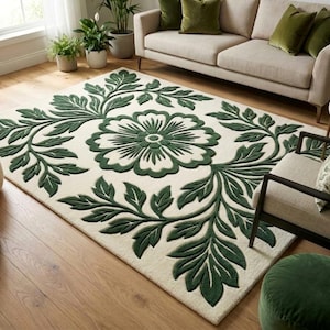 Botanical Wool Area Rug, Green Floral Hand Tufted Carpet, Inspired Floor Living Room .