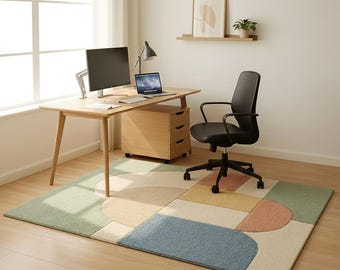 Abstrakter geometrischer Teppich, handgetufteter Wollteppich, moderner farbenfroher Teppich, blau-salbeigrün-beiger Teppich, Wohnzimmer-/Bürodekoration