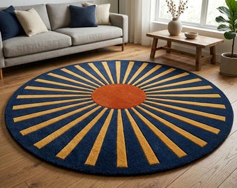 Alfombra de lana tejida a mano con diseño de rayos de sol – Azul marino, alfombra geométrica mostaza