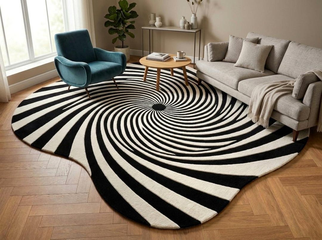 Hand Tufted Wool Rug, Black White Spiral Abstract Carpet, Custom Size ...