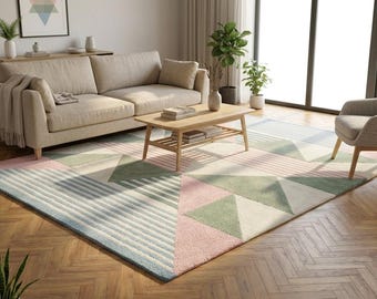 Handgetufteter Teppich in Pastellfarben mit geometrischem Muster, moderner abstrakter Wohnzimmerteppich in Rosa, Grün, Blau und Creme, zeitgenössische Wohndekoration