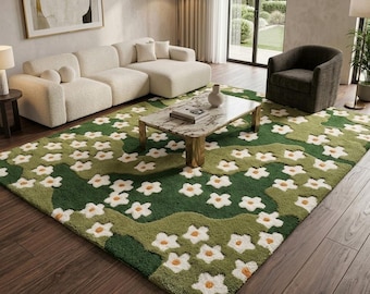 Hand Tufted Wool Rug: Green Floral Daisy Carpet, Scandinavian Living Room Decor