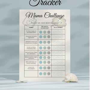 May include: A printable "Mental Load Tracker" checklist titled "Mama Challenge". The checklist includes tasks like planning meals, organizing gifts, and checking expiration dates. The document has a light blue and grey colour scheme.