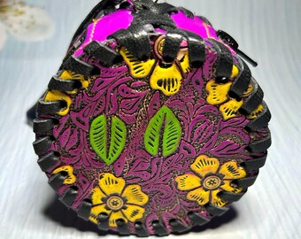 Handmade Round Shape Leather Wristlet Purse: Mexican Floral Tooled Leather