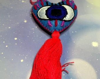 Evil Eye Embroidered Heart Tassel: Mexican Ornament