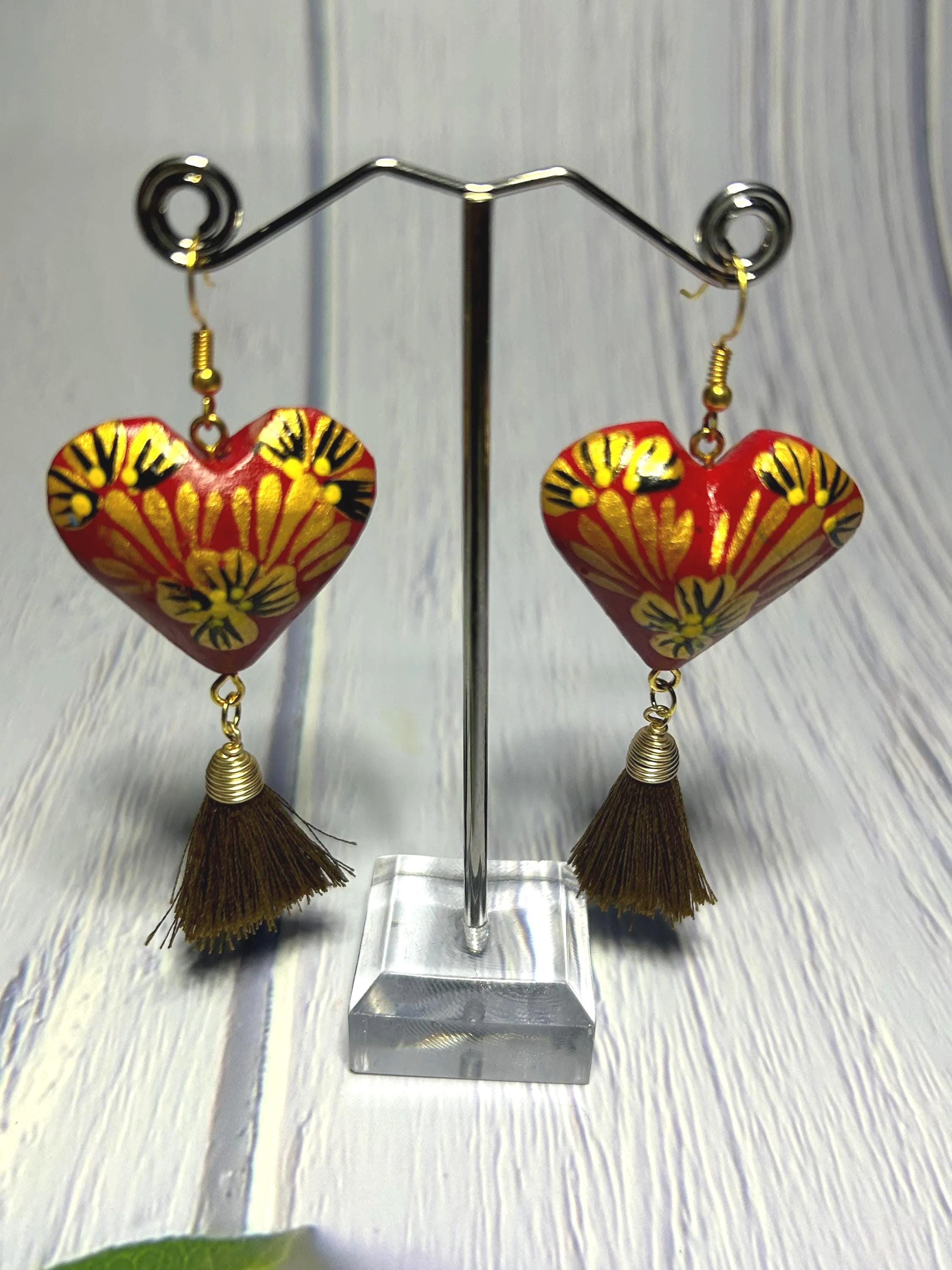 Handmade Heart Wood Earrings: Mexican Painted Tassel Jewelry - Etsy
