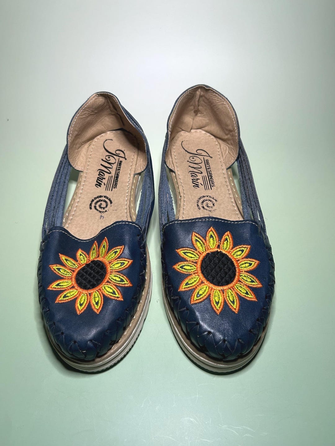 Embroidered Sunflower Huarache Sandal: Artisan Leather, Mexican
