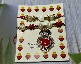 Handmade Sacred Heart Bracelet Duo: Gold Plated, Pearls, Religious Jewelry